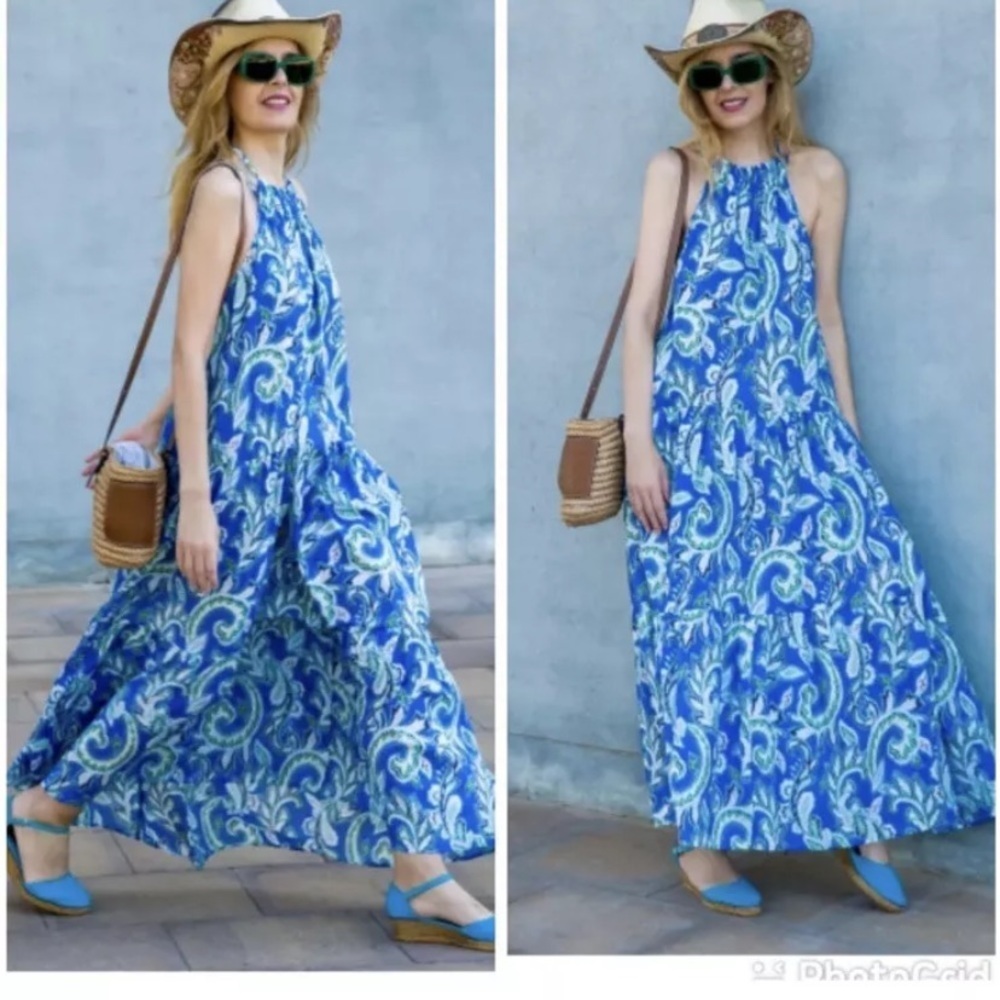 Zara printed maxi dress blue white boho formal summer  halter floral blogger fav